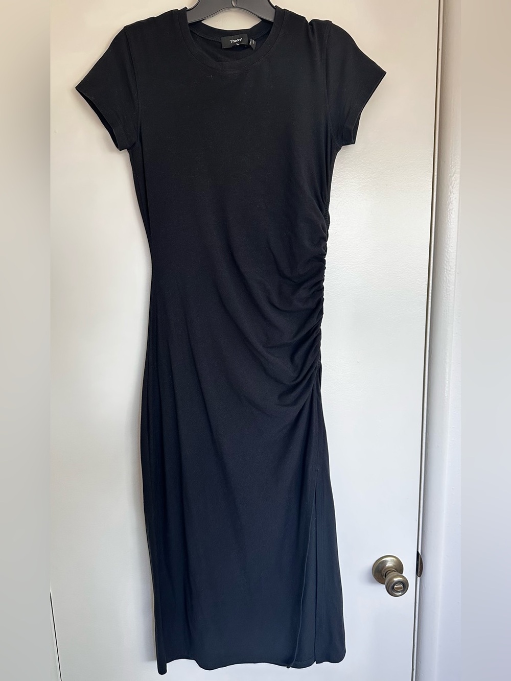 Theory Black Short-Sleeve Midi Dress with Side Ruching